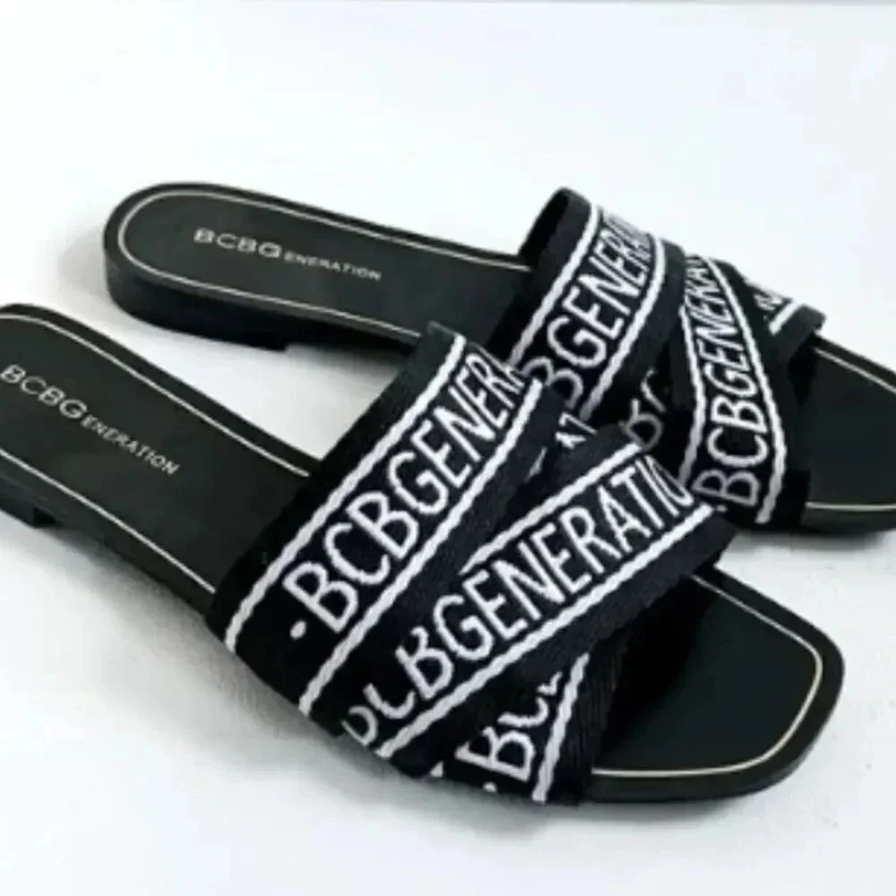 BCBGeneration  KALA Black White Logo Flat Sandals Slides Size 9​ - Picture 7 of 14